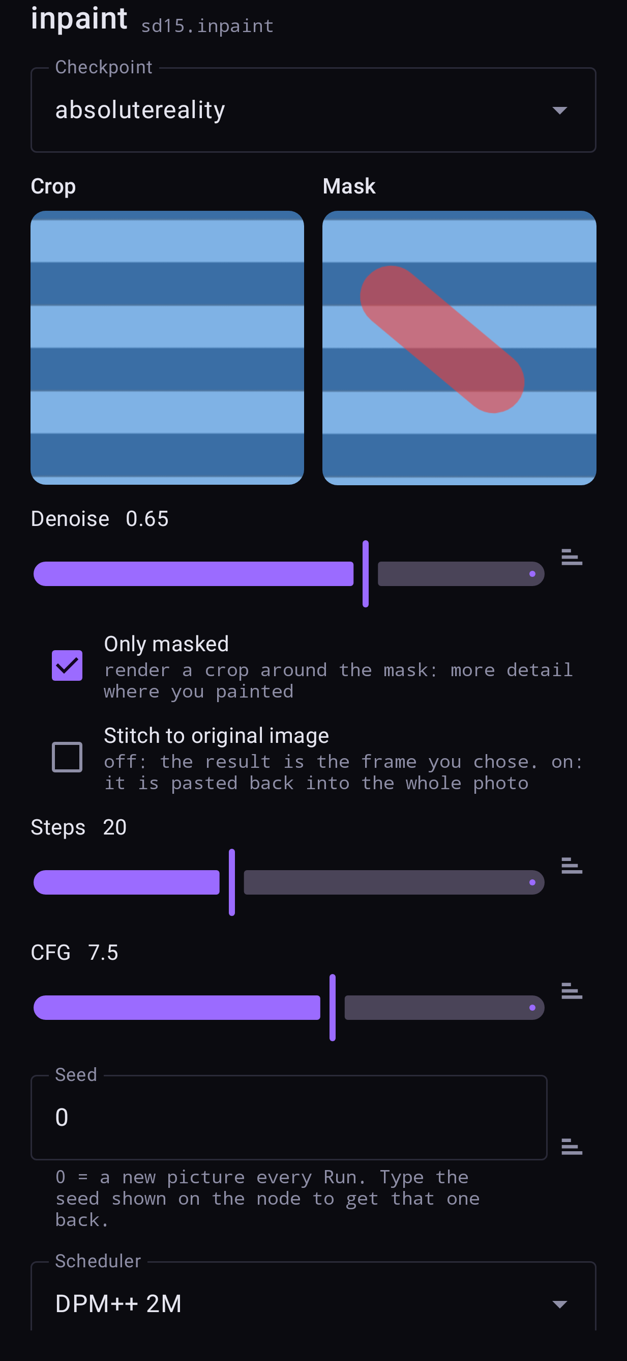 The Inpaint node's sheet