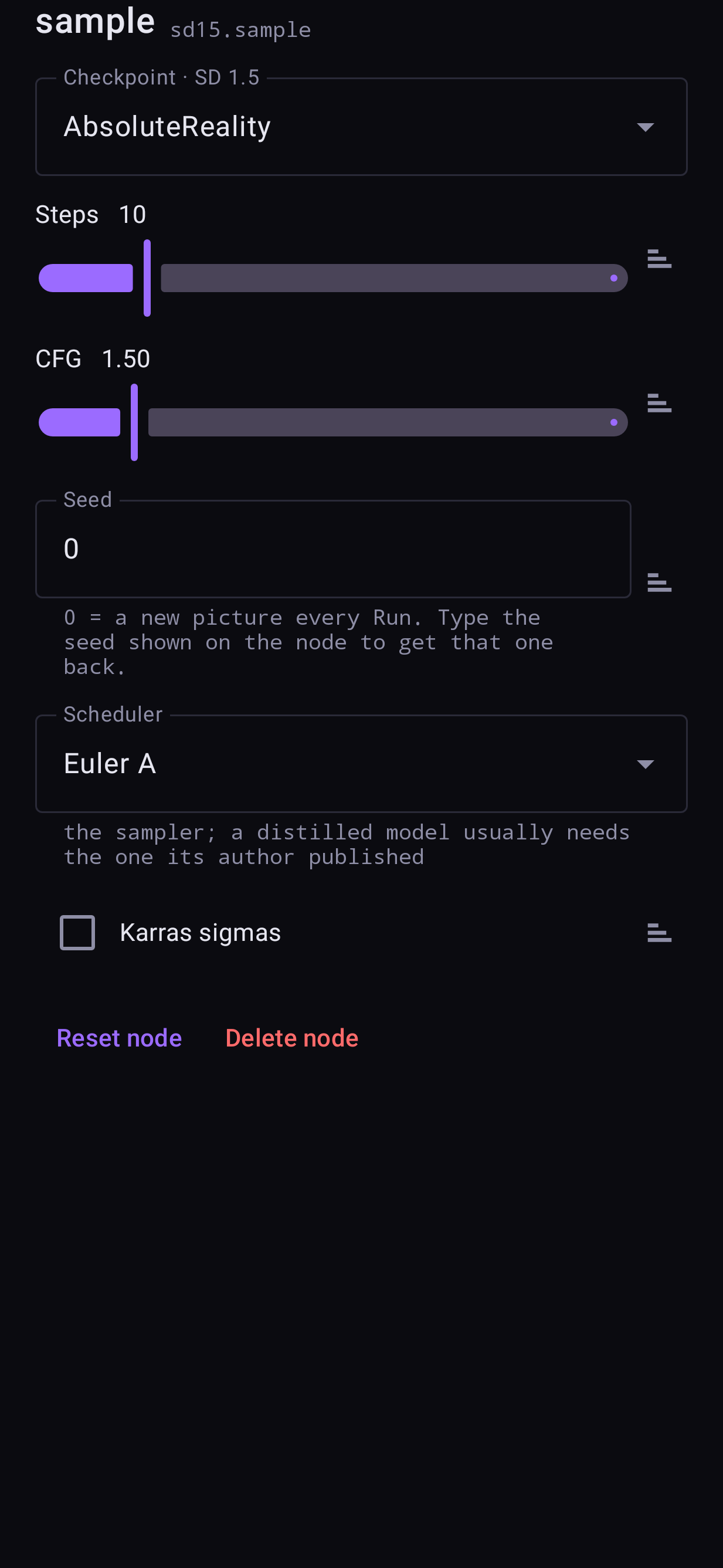The generator's settings sheet