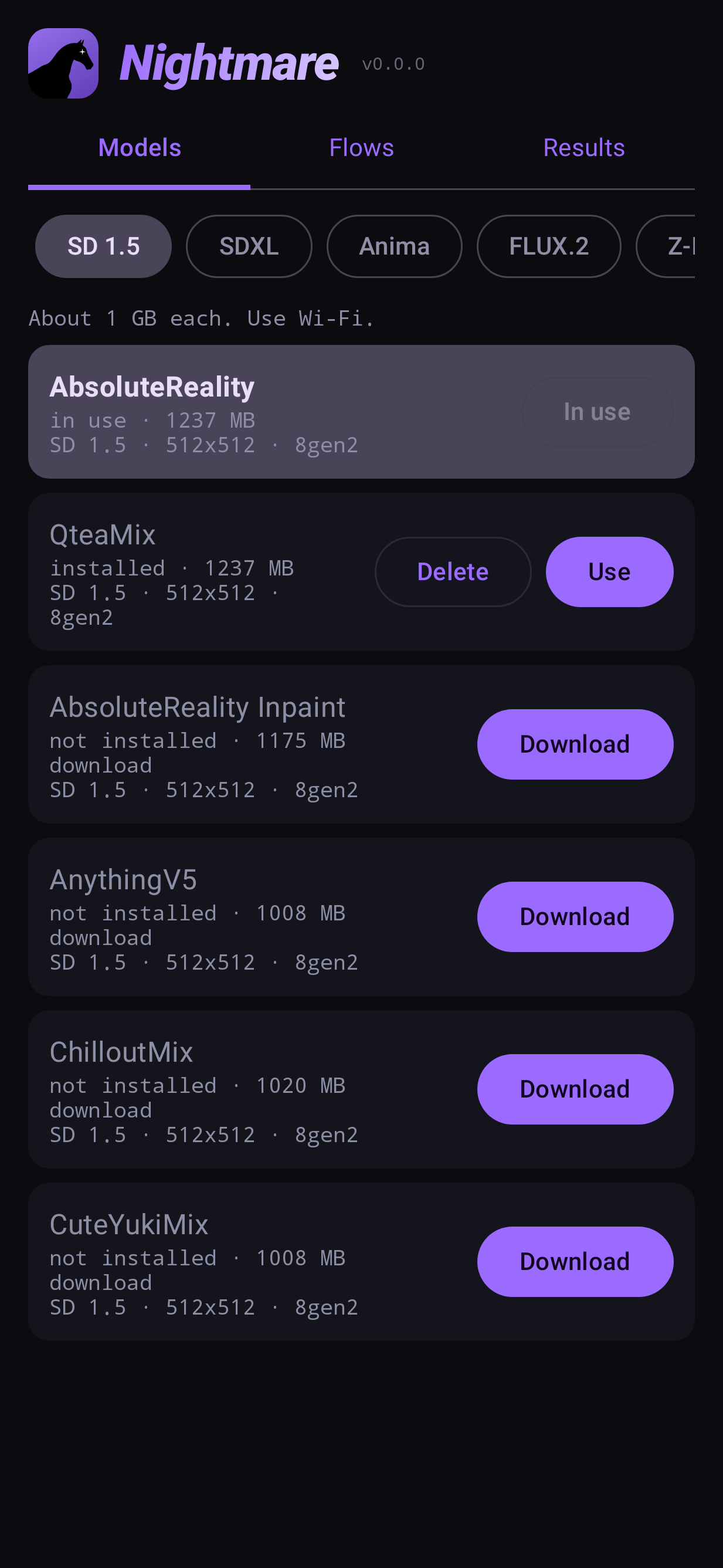 The Models tab with SD 1.5 selected